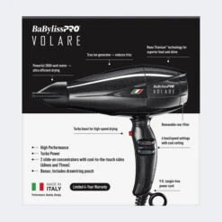 BaBylissPRO - Nano Titanium™ Volare® V1 Full-Size Dryer -Care Product Store BVOL1 pkg backcopy