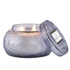 Voluspa - Japonica Collection - Chawan Bowl 2 Wick Embossed Glass Candle -Care Product Store voluspa apple blue glass